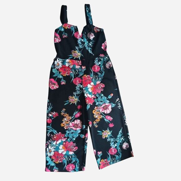 Xhiliration Notch V-Neck Sleeveless Cropped Pantsuit Floral Soft Stretchy Medium - Picture 1 of 12
